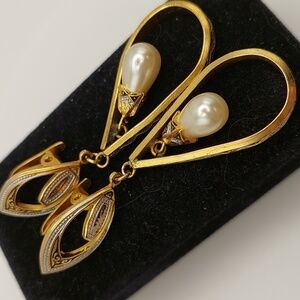 Damascene Gold & Silver Drop  Fx Pearl Toledoware Pierced Earrings